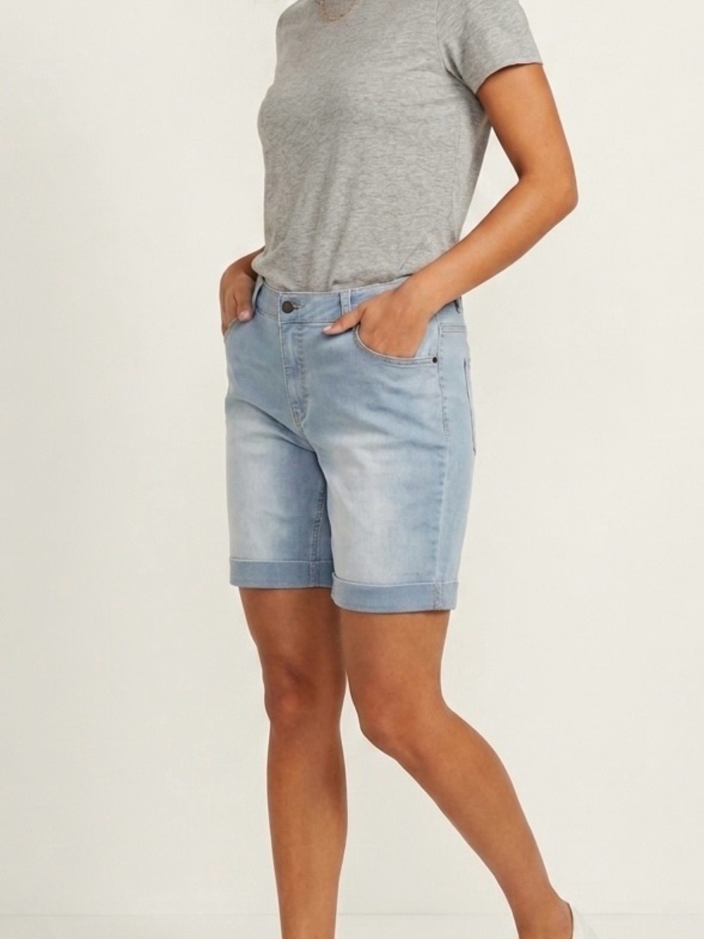 Woman Within Light Blue Washed Denim Roll-Cuff Shorts